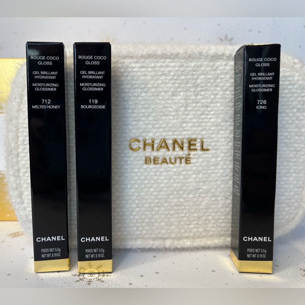 CHANEL Rouge Coco Gloss Set + Cream Knit Cosmetic Bag – New in Box